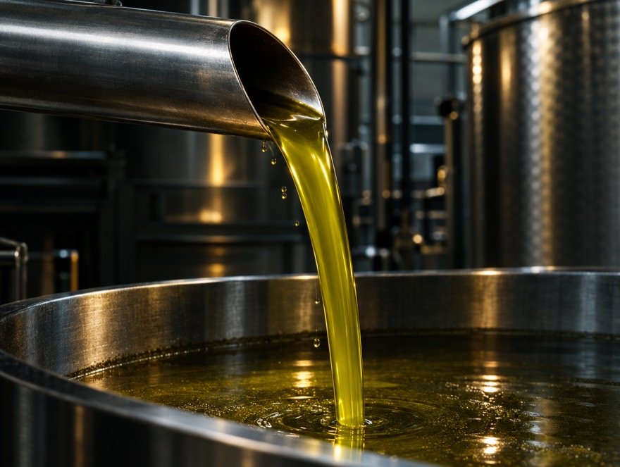 Fio de azeite verde-dourado saindo de uma bica de inox no lagar.