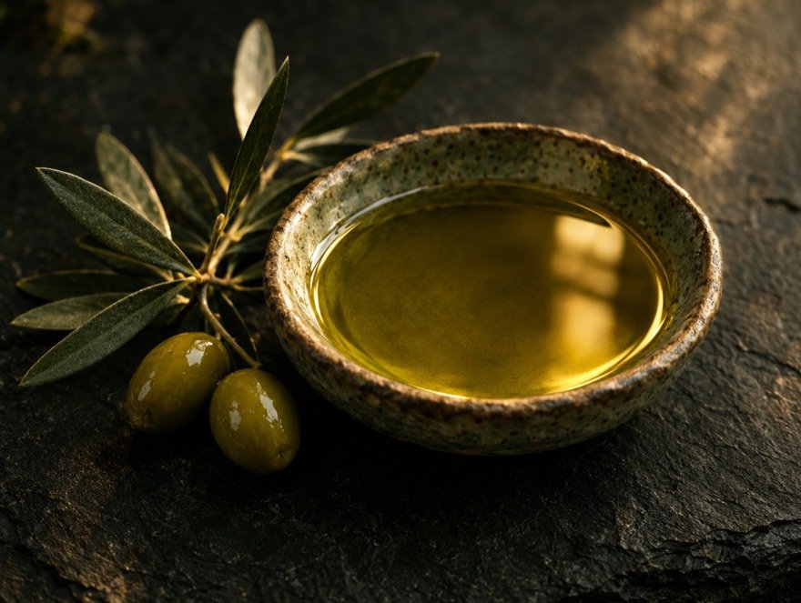 Prato de cerâmica com azeite extra virgem, folhas de oliveira e duas azeitonas.